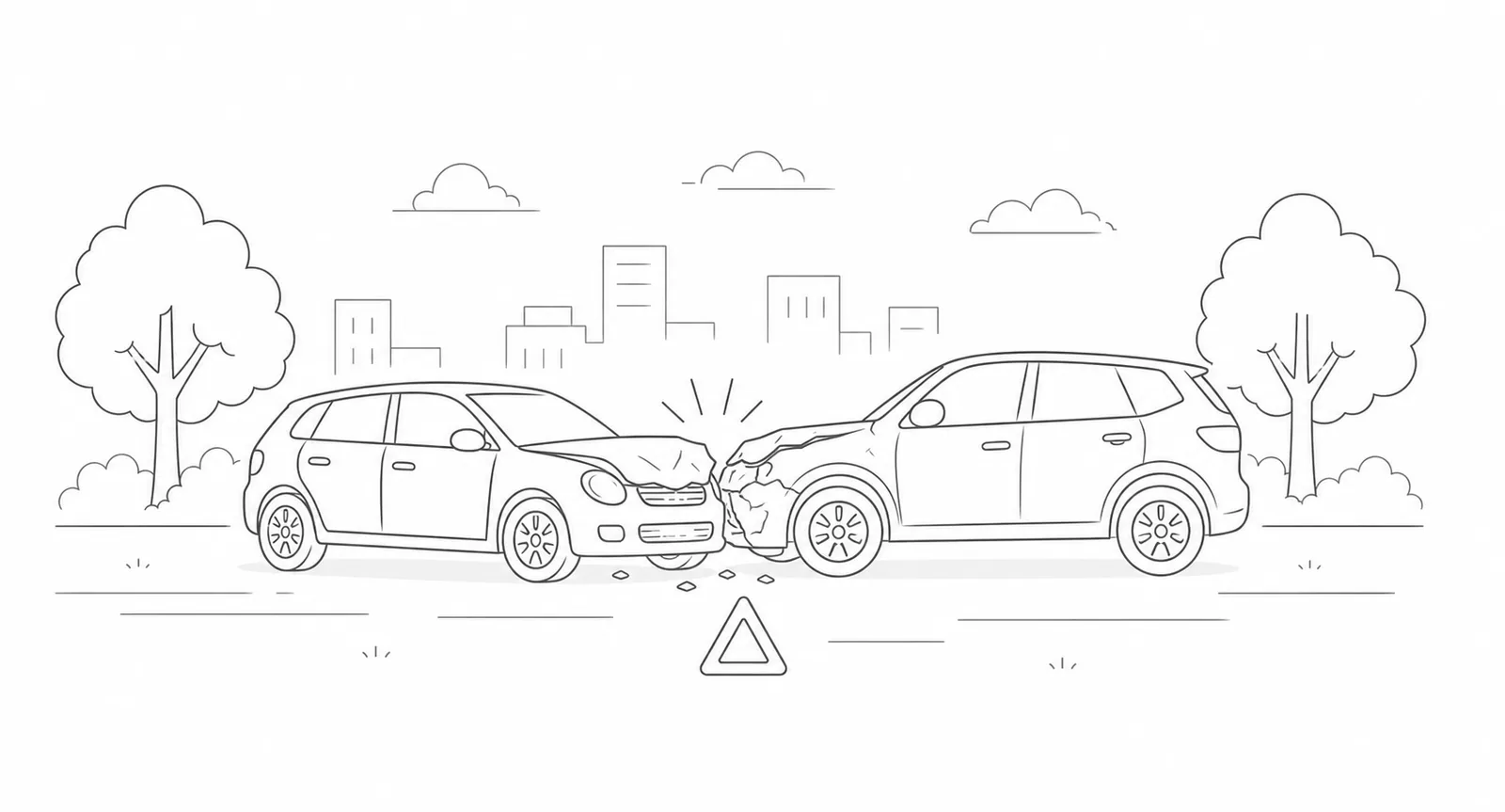 Ilustracija majhnega avtomobila na mestni cesti z drevesi in stavbami v ozadju